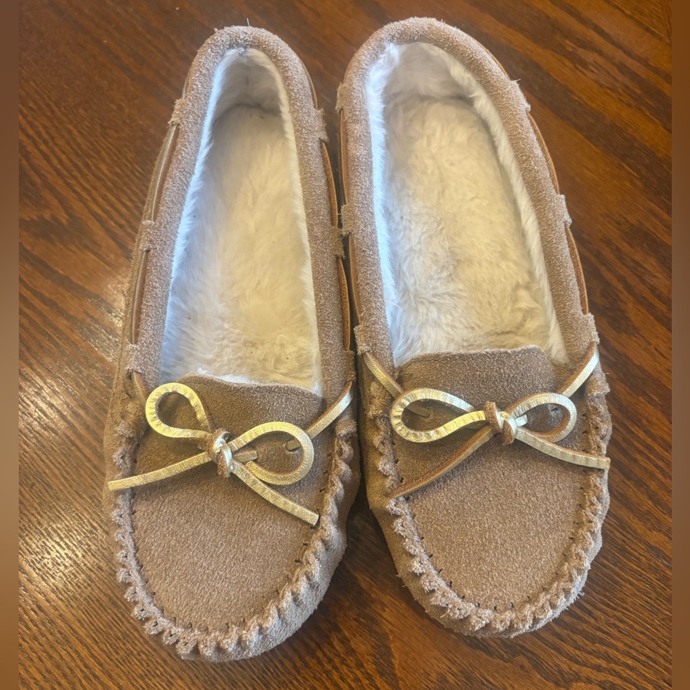 Cozy Tan Moccasin Slippers with Gold Bow
